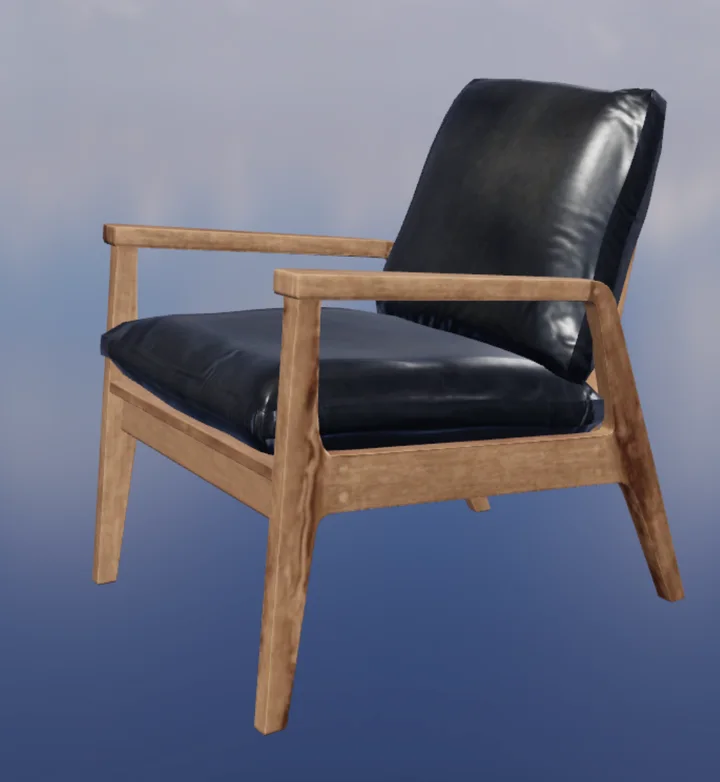 An armchair being textured in the Mixos desktop app — leather cushions and wood frame, with the PBR channel strip below