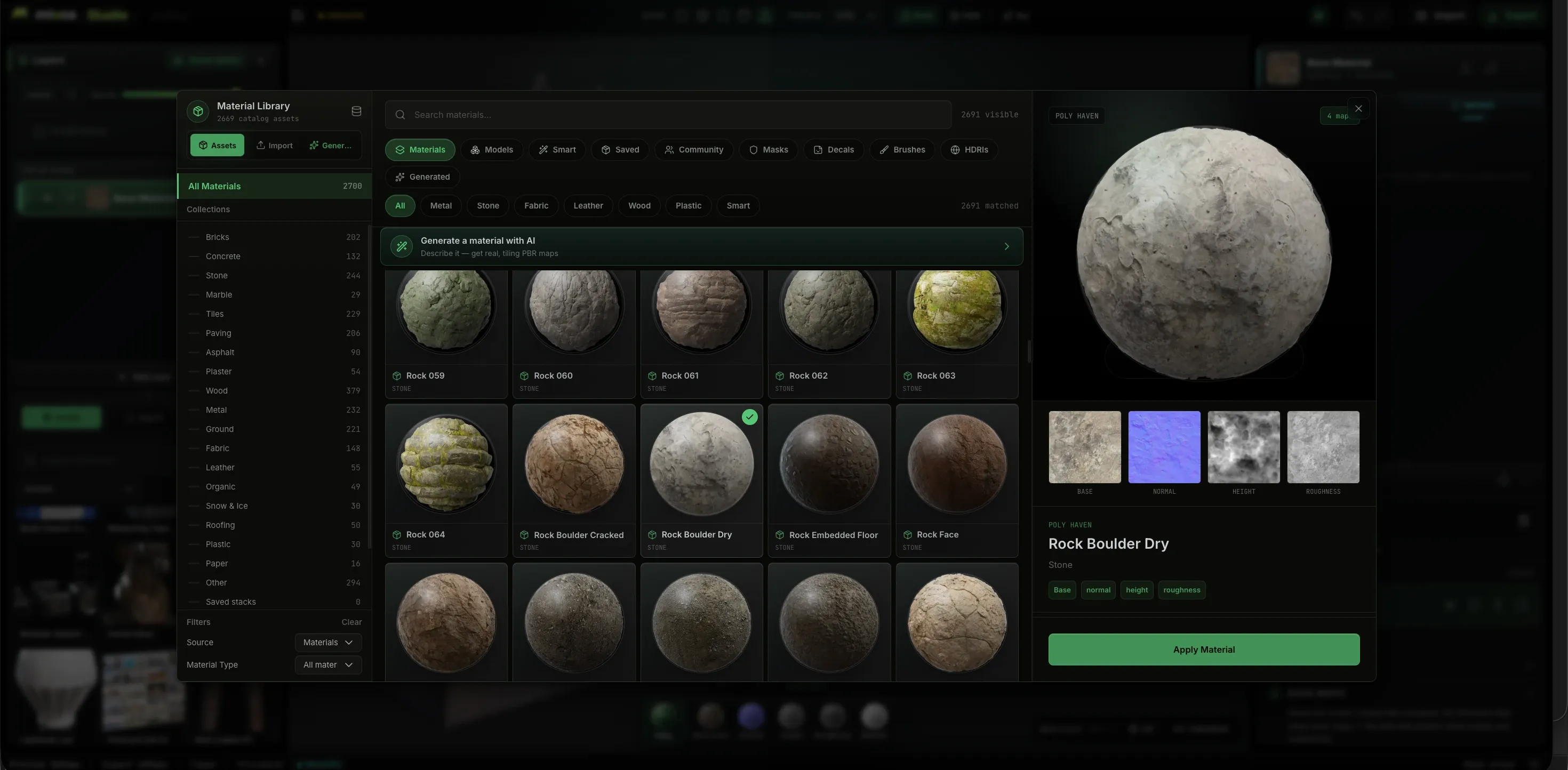 The Mixos material library open over the editor: a searchable grid of PBR material spheres across collections like bricks, concrete, stone and wood, with a large live preview of a rock material and its base color, normal, height and roughness maps — plus a one-click 'Generate a material with AI' option.